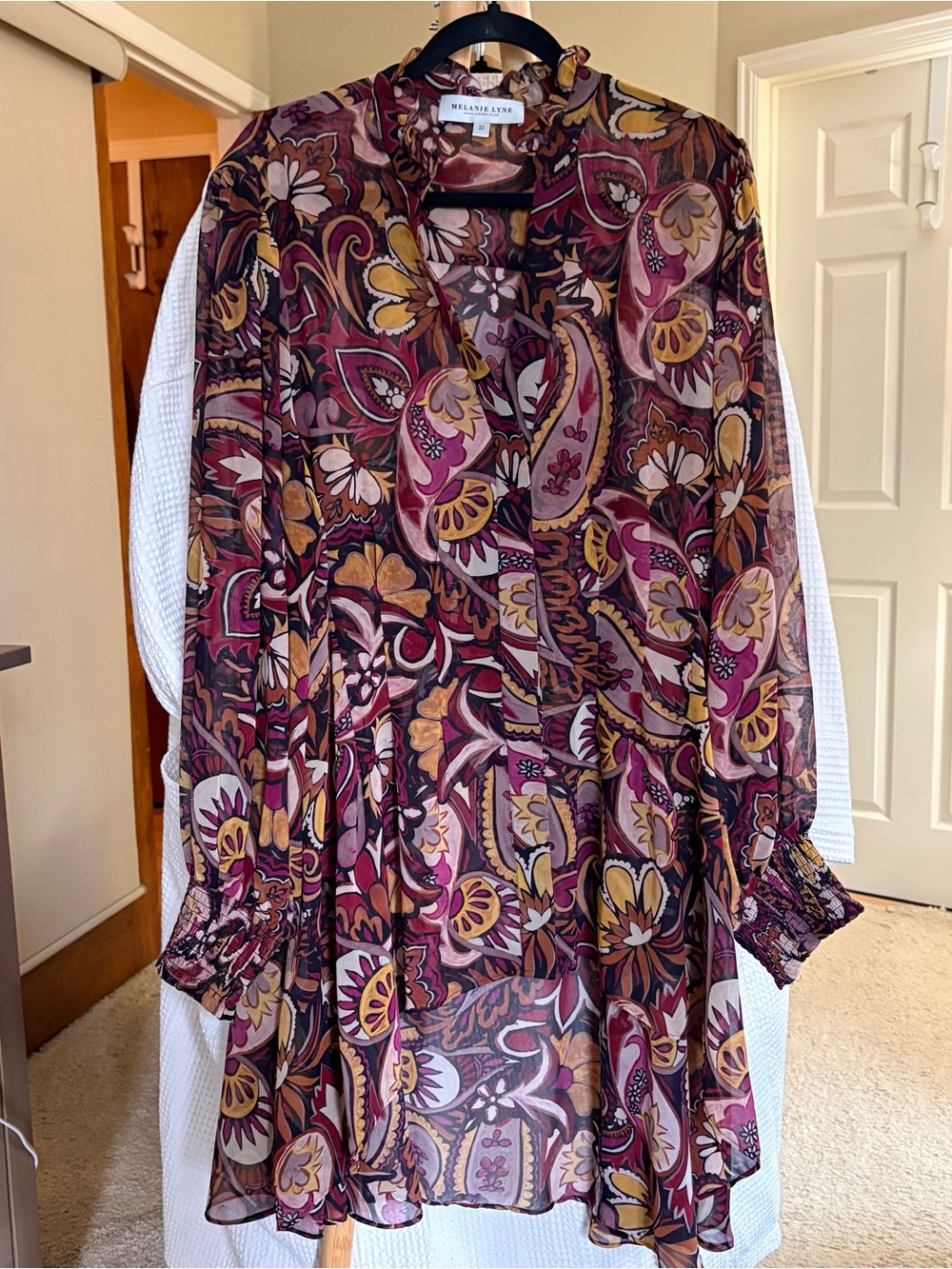 Melanie Lynn for Laura Burgundy Paisley Sheer Button-Down Ruffled Collar Tunic